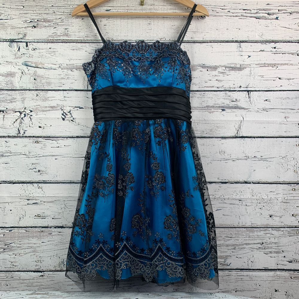 Blondie Nites Turquoise Black Lace Overlay Formal Party Dress Size 9 Made in USA